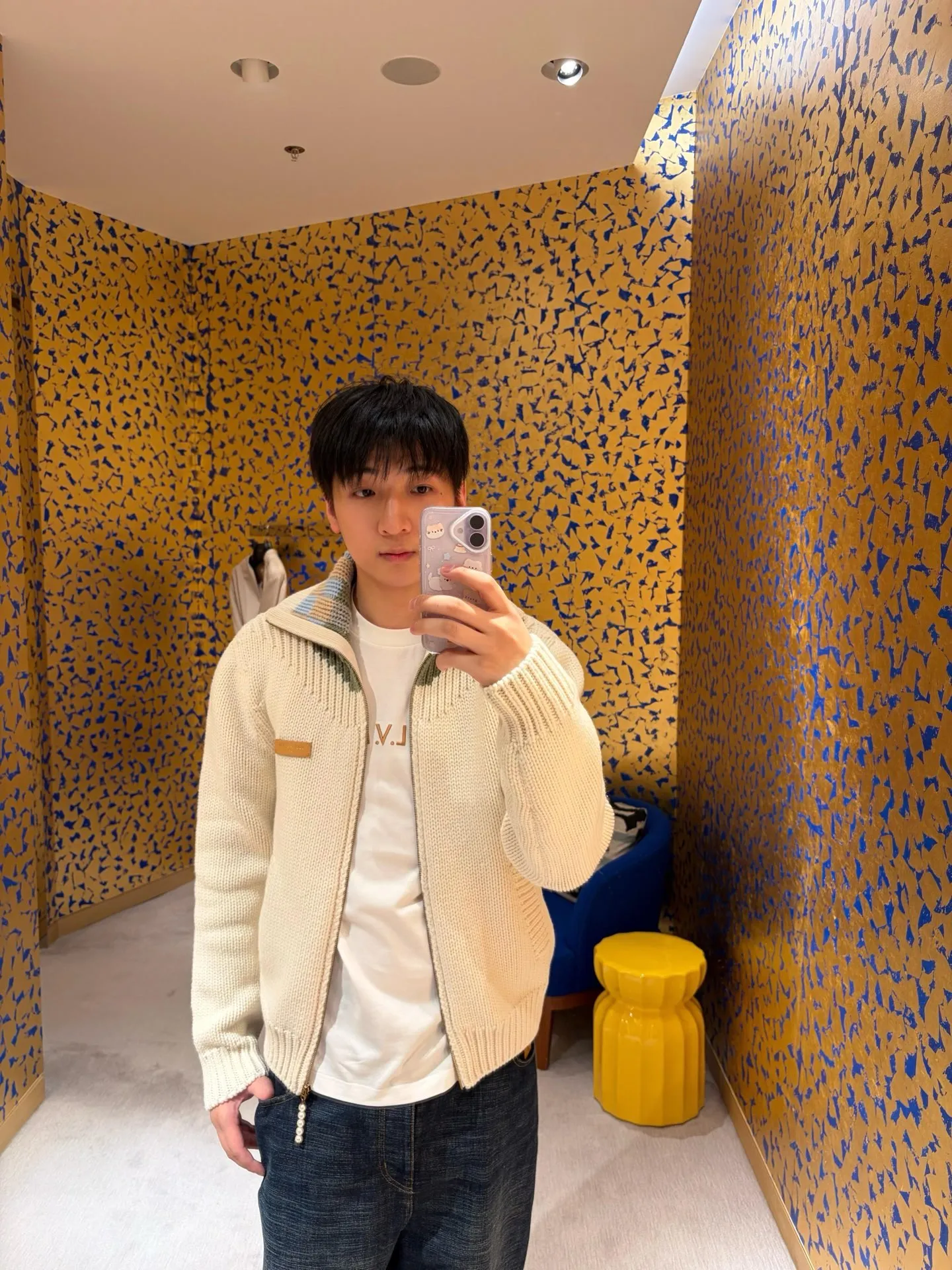 Louis Vuitton/Louis Vuitton leather checkerboard intarsia stand-up collar sweater jacket
